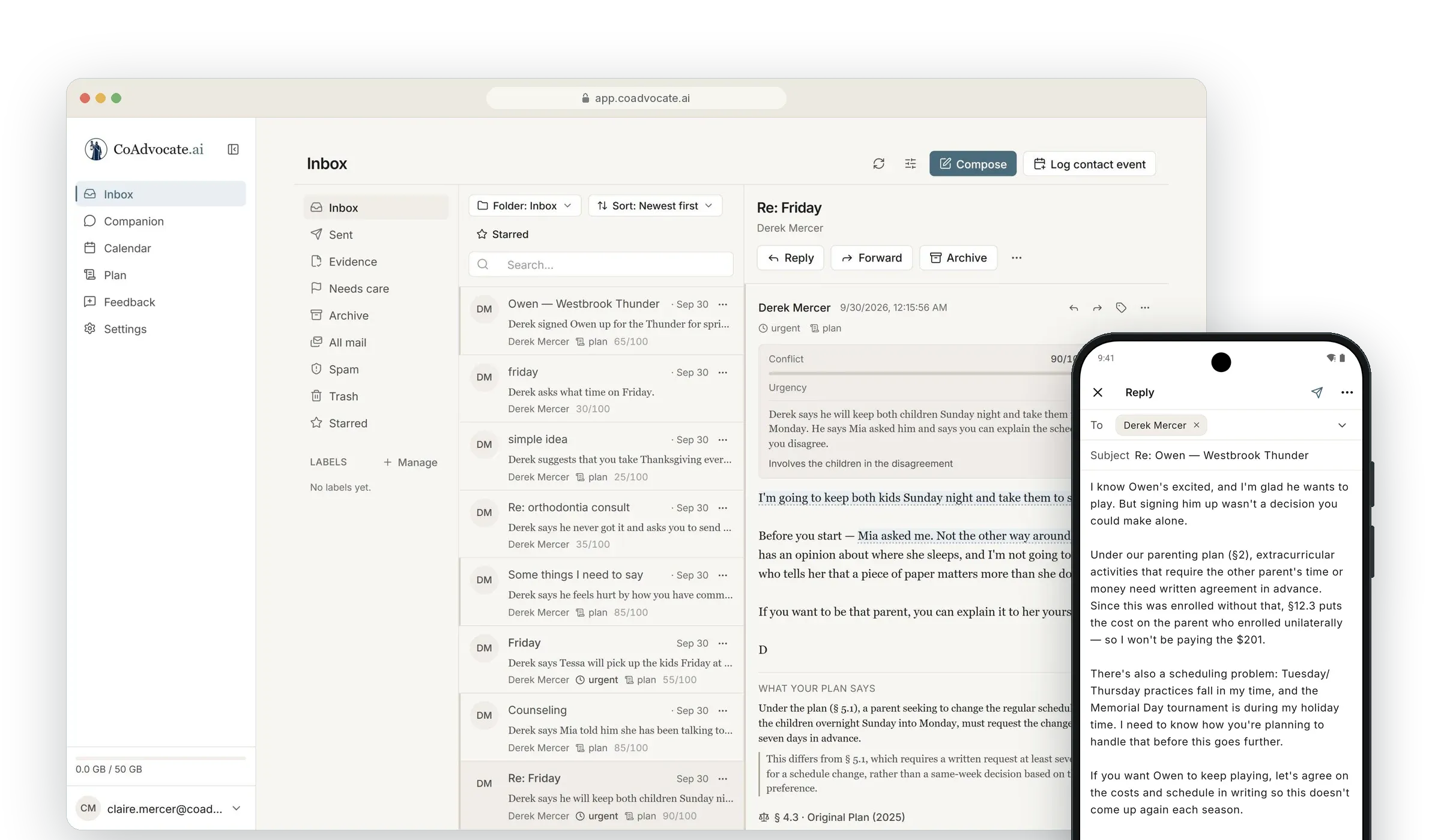 CoAdvocate.ai on desktop and phone: an inbox where each co-parenting message is summarized and scored, beside a calm reply on mobile