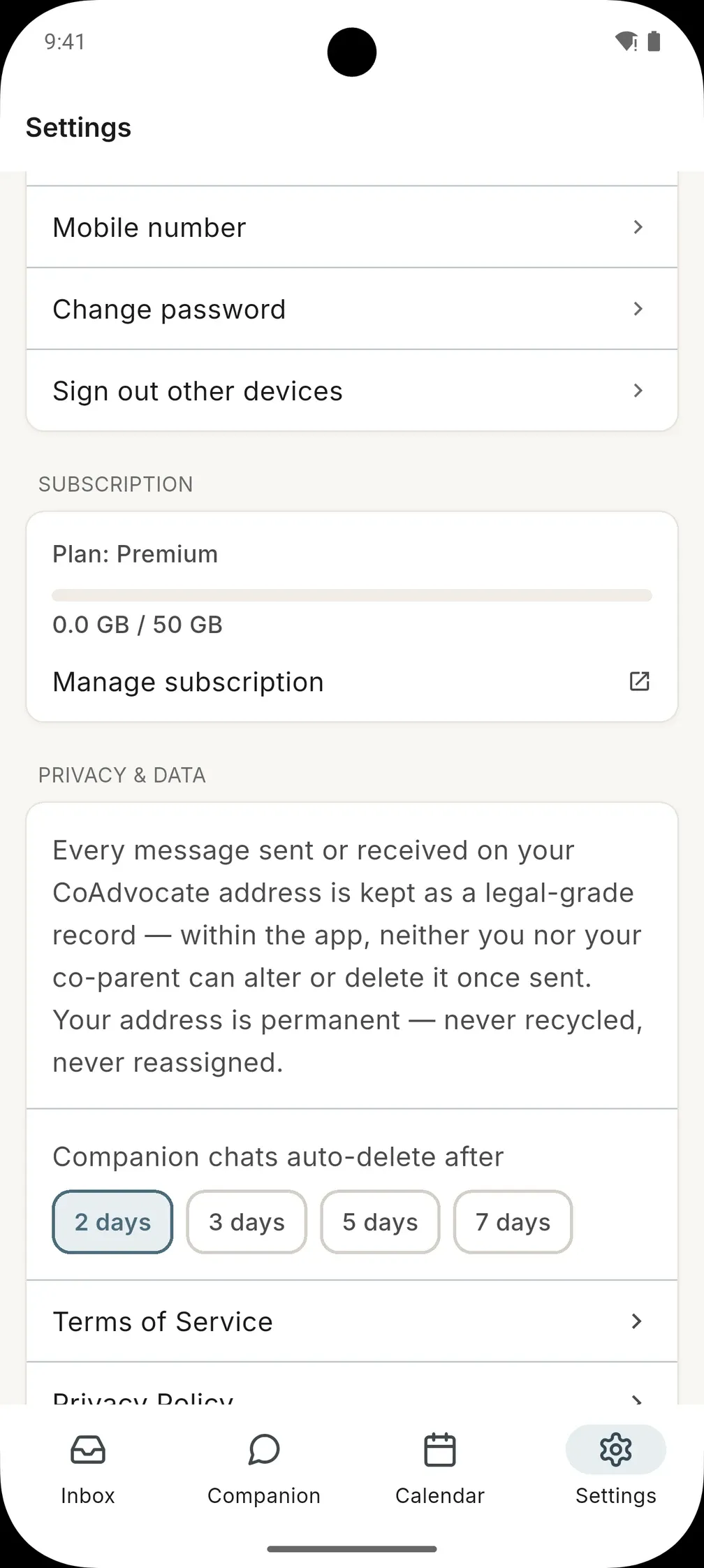 Privacy settings: every message is kept as a legal-grade record, and companion chats auto-delete after 2, 3, 5 or 7 days
