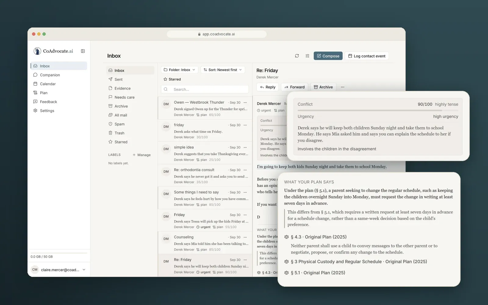 A message from Derek opened in CoAdvocate.ai: how tense it is, how urgent, a short summary, and a note that it involves the children in the disagreement